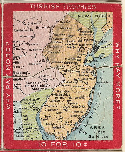 Map of New Jersey, from the Jigsaw Puzzle Pictures series (T76) issued by Turkish Trophies Cigarettes, Issued by Turkish Trophies Cigarettes, Commercial color lithograph 