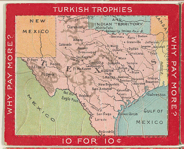 Map of Texas, from the Jigsaw Puzzle Pictures series (T76) issued by Turkish Trophies Cigarettes, Issued by Turkish Trophies Cigarettes, Commercial color lithograph