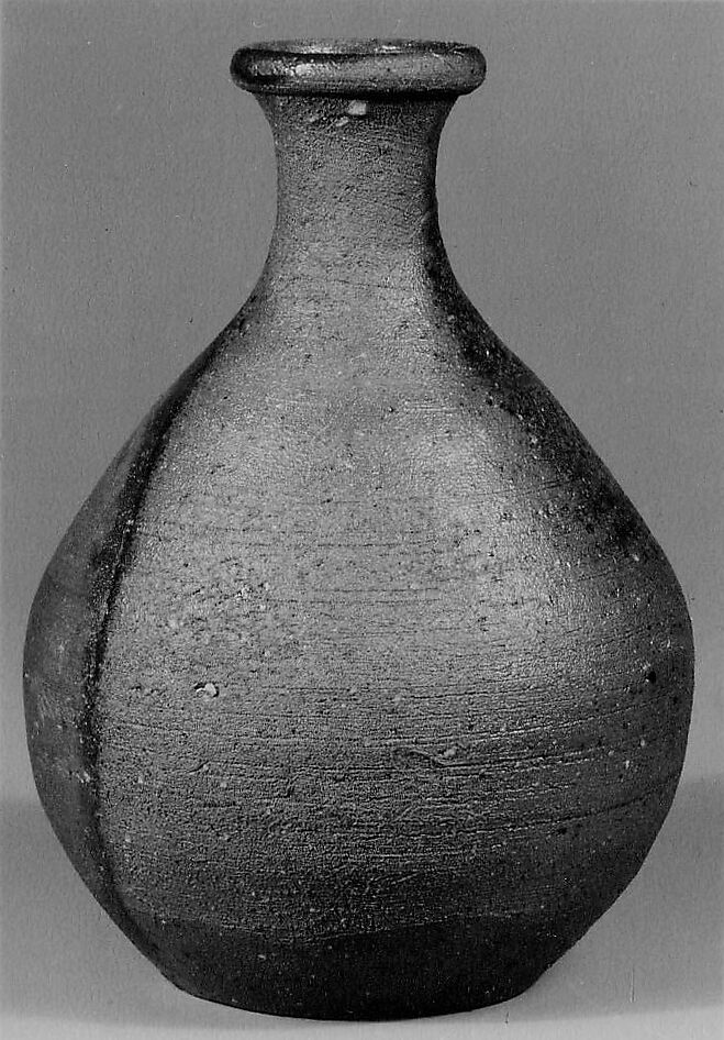 Sake bottle, Yu Fujiwara, Earthenware; round body with short, narrow neck and everted lip; flat base with maker's initial; partially covered with clear glaze and area of purple glaze with orange hue (Bizen ware), Japan 