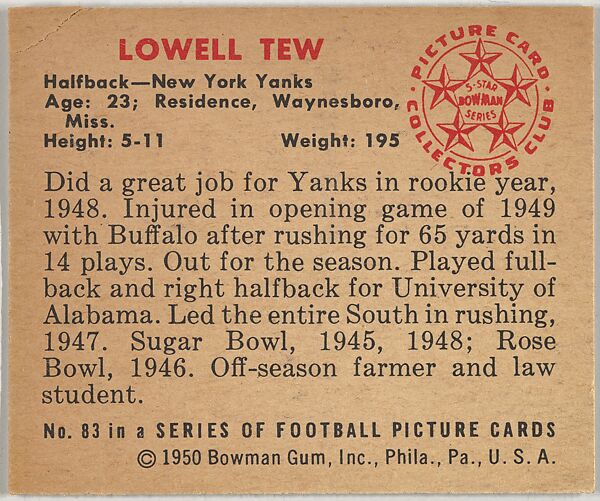 Card Number 83, Lowell Tew, Halfback, New York Yanks, from the Bowman Football series (R407-2) issued by Bowman Gum, Issued by Bowman Gum Company, Commercial color lithograph