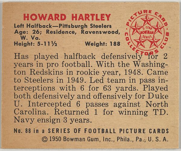 Card Number 88, Howard Hartley, Left Halfback, Pittsburg Steelers, from the Bowman Football series (R407-2) issued by Bowman Gum, Issued by Bowman Gum Company, Commercial color lithograph