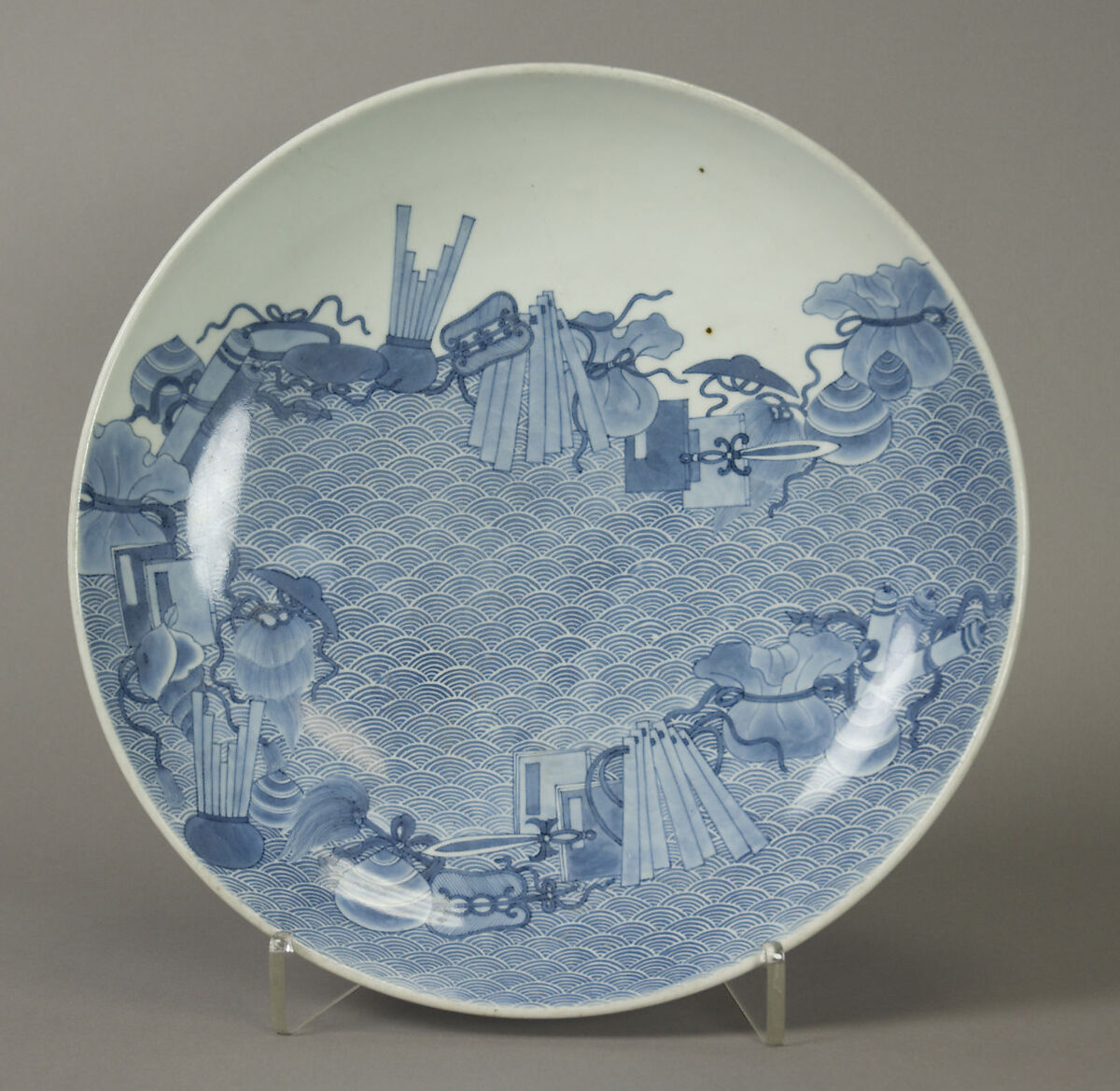 Dish with Assorted Treasures Floating on Waves, Porcelain with underglaze blue decoration and overglaze enamels (Hizen ware, Nabeshima type), Japan 