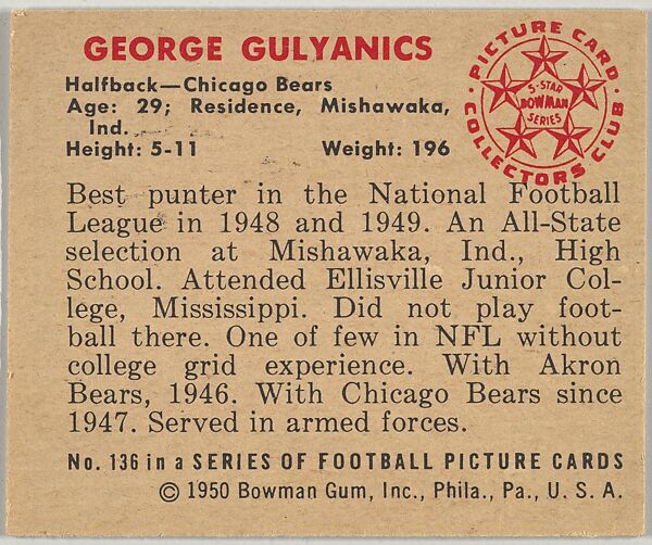 Card Number 136, George Gulyanics, Halfback, Chicago Bears, from the Bowman Football series (R407-2) issued by Bowman Gum, Issued by Bowman Gum Company, Commercial color lithograph
