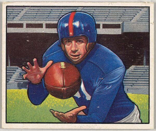 Card Number 142, Bill Swiacki, End, New York Giants, from the Bowman Football series (R407-2) issued by Bowman Gum, Issued by Bowman Gum Company, Commercial color lithograph 