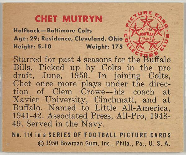 Card Number 114, Chet Mutryn, Halfback, Baltimore Colts, from the Bowman Football series (R407-2) issued by Bowman Gum, Issued by Bowman Gum Company, Commercial color lithograph
