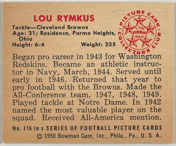 Issued by Bowman Gum Company - Card Number 116, Lou Rymkus, Tackle ...