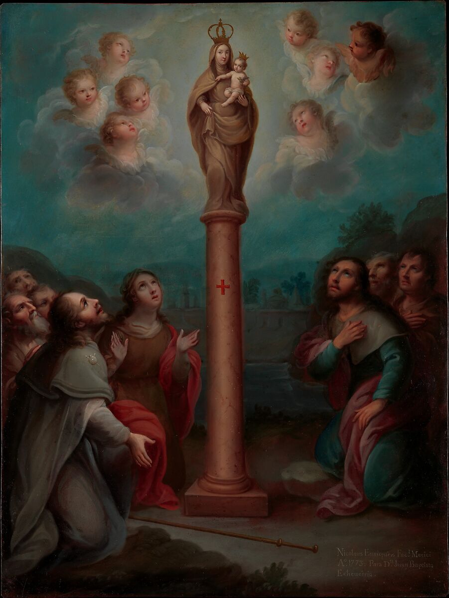 The Apparition of the Virgin of El Pilar to St. James, Nicolás Enríquez (Mexican, 1704–1790), Oil on copper, Mexican 