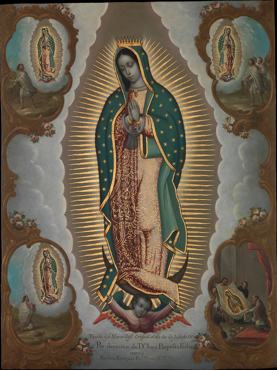 The Virgin of Guadalupe with the Four Apparitions, Nicolás Enríquez (Mexican, 1704–1790), Oil on copper, Mexican 