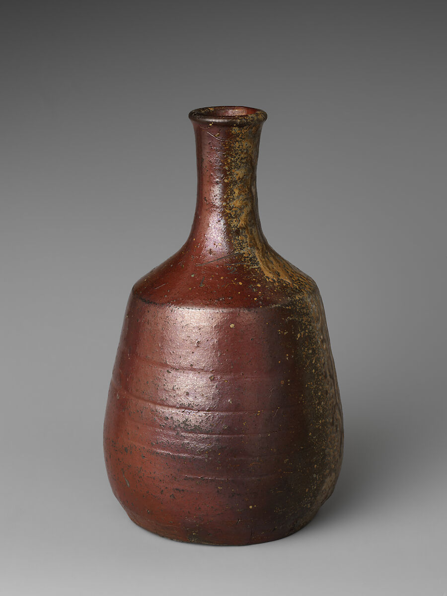 Sake Bottle (Tokkuri), Stoneware with iron slip glaze and green drip glaze (Tanba ware), Japan