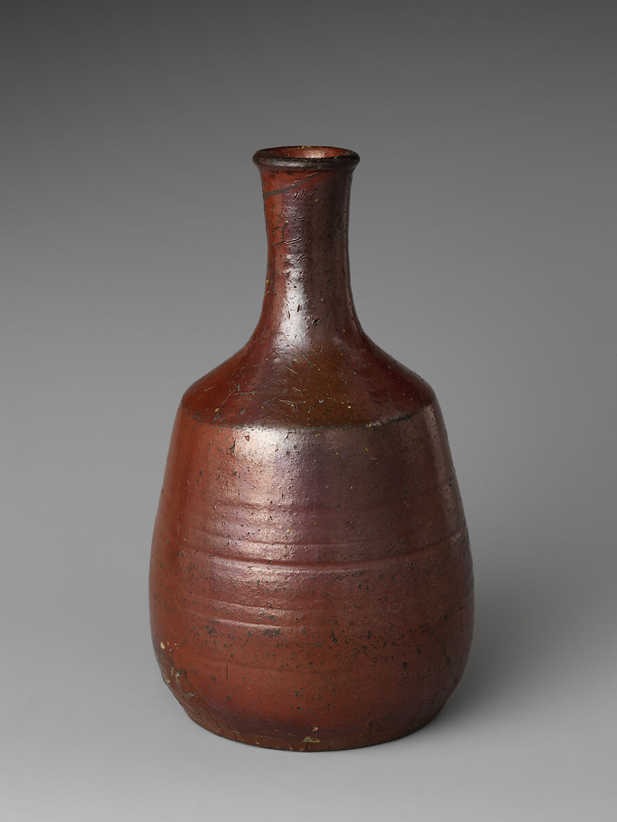 Sake Bottle (Tokkuri), Stoneware with iron slip glaze and green drip glaze (Tanba ware), Japan