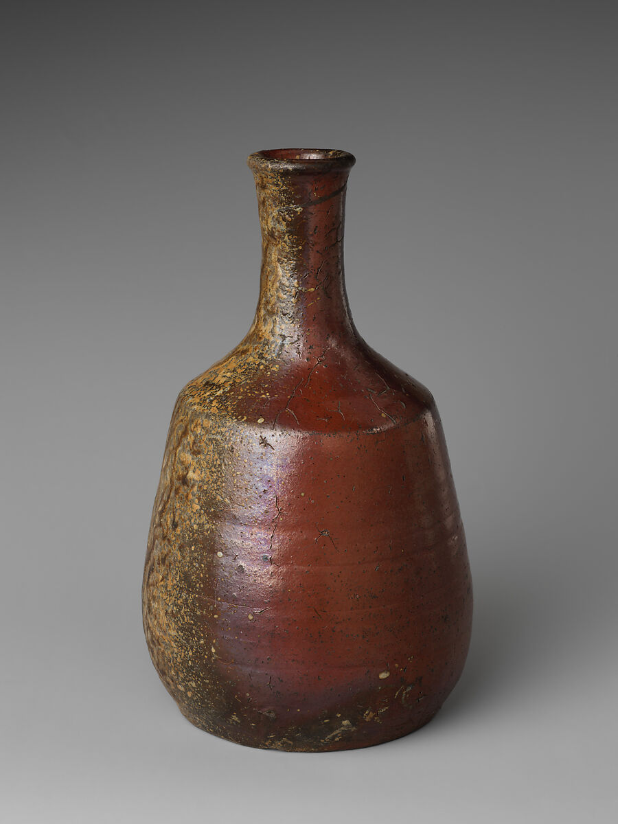 Sake Bottle (Tokkuri), Stoneware with iron slip glaze and green drip glaze (Tanba ware), Japan