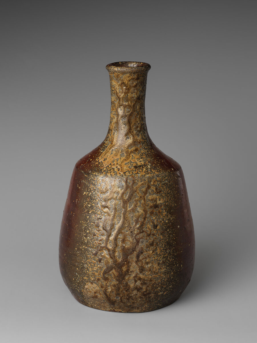 Sake bottle, Stoneware with iron slip glaze and green drip glaze (Tanba ware), Japan 