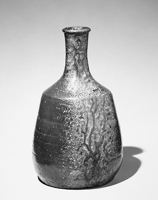 Sake bottle, Stoneware with iron slip glaze and green drip glaze (Tanba ware), Japan 