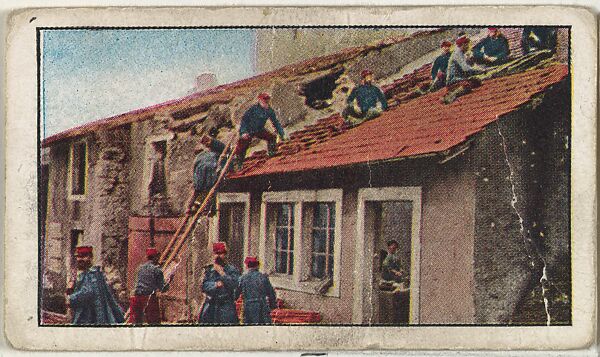 Card No. 215, French Restore What Germans Destroy, from the World War I Scenes series (T121) issued by Sweet Caporal Cigarettes, Issued by American Tobacco Company, Photolithograph 