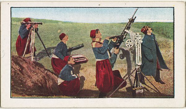 Card No. 220, Zouaves in Battle with a German Aeroplane, from the World War I Scenes series (T121) issued by Sweet Caporal Cigarettes, Issued by American Tobacco Company, Photolithograph 
