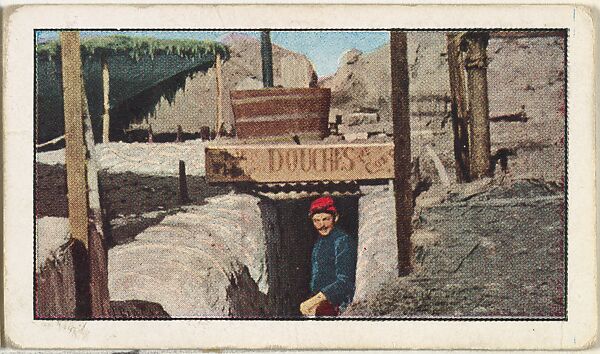 Card No. 222, A Bathroom in the French Trenches, from the World War I Scenes series (T121) issued by Sweet Caporal Cigarettes, Issued by American Tobacco Company, Photolithograph 