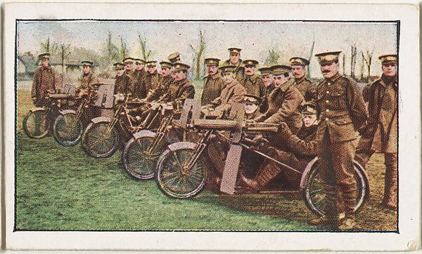 Card No. 240, British Motor Cycle Artillery, from the World War I Scenes series (T121) issued by Sweet Caporal Cigarettes, Issued by American Tobacco Company, Photolithograph 