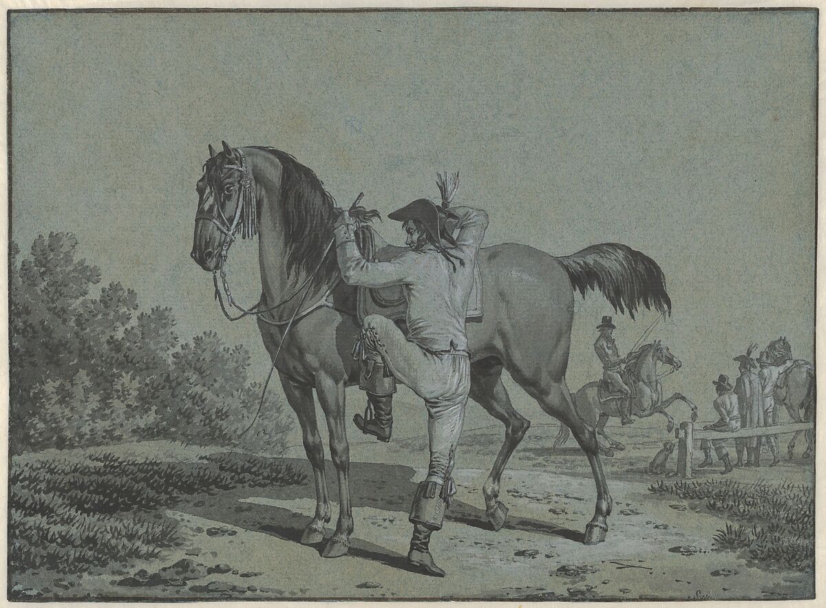 Man Mounting a Horse, Jacques François Joseph Swebach (French, Metz 1769–1823 Paris), Pen and black ink, brush and gray wash, heightened with white gouache on blue paper. Framing lines in pen and black ink. 