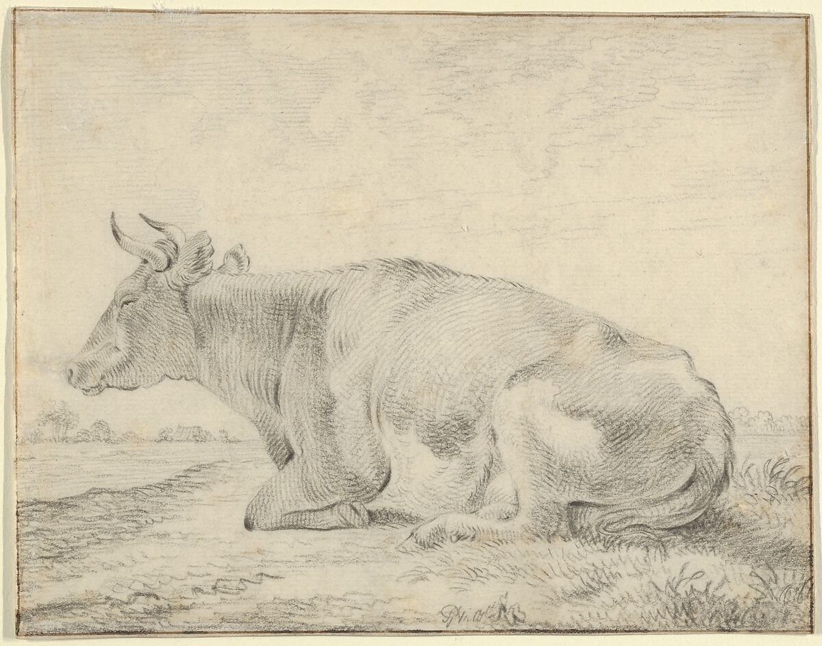 A Cow Lying in a Landscape, Pieter Gerardus van Os (Dutch, The Hague 1776–1836 The Hague), Black chalk 