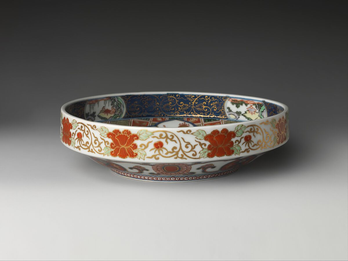 Bowl with Character for “Longevity” and Assorted Treasure Motifs, Porcelain with cobalt blue under transparent glaze and polychrome enamels and gold over the glaze (Hizen ware, Arita type), Japan