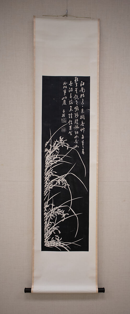 Orchids, After a painting by Zhang Yujian (Chinese, Qing dynasty, Qianlong period, (1736–1795)), Hanging scroll of polychrome woodblock print; ink and color on paper, China