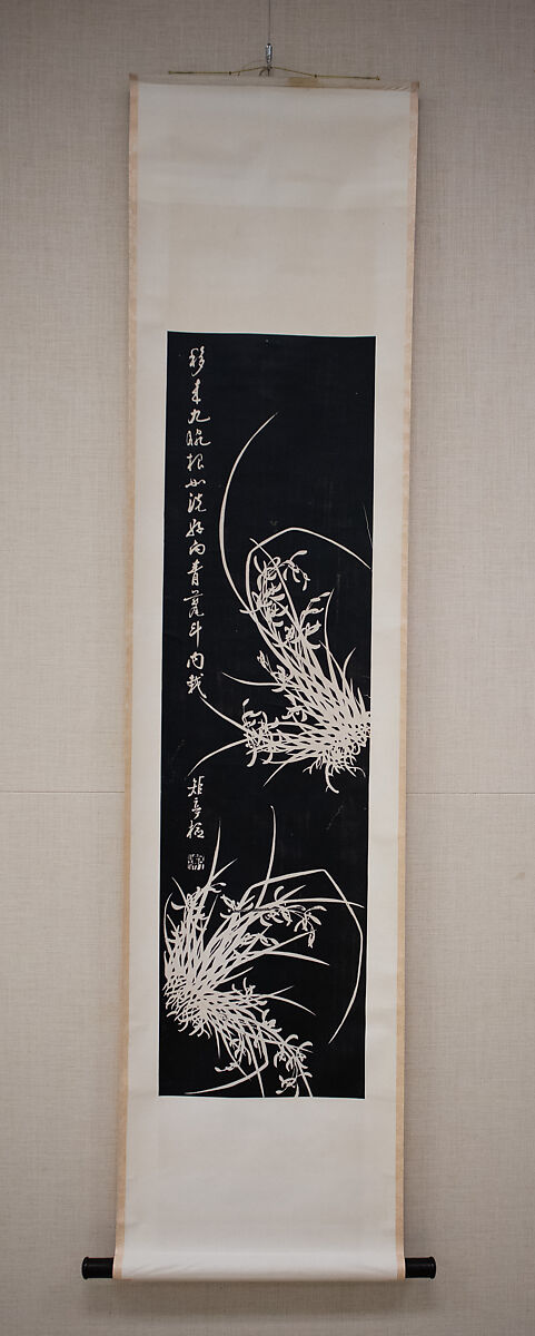 Orchids, After a painting by Zhang Yujian (Chinese, Qing dynasty, Qianlong period, (1736–1795)), Hanging scroll of polychrome woodblock print; ink and color on paper, China