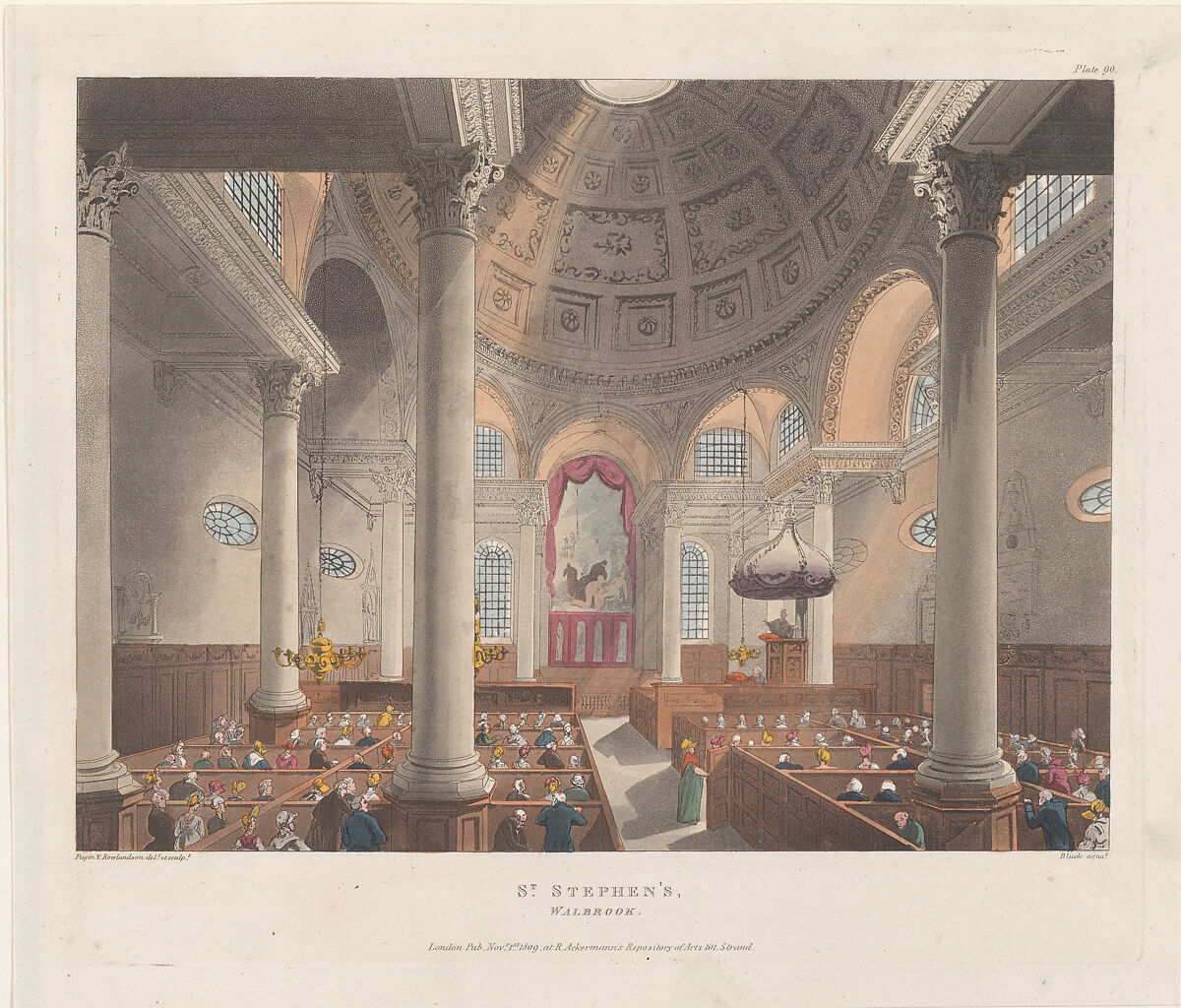 St. Stephen's Walbrook, Designed and etched by Thomas Rowlandson (British, London 1757–1827 London), Hand-colored etching and aquatint 