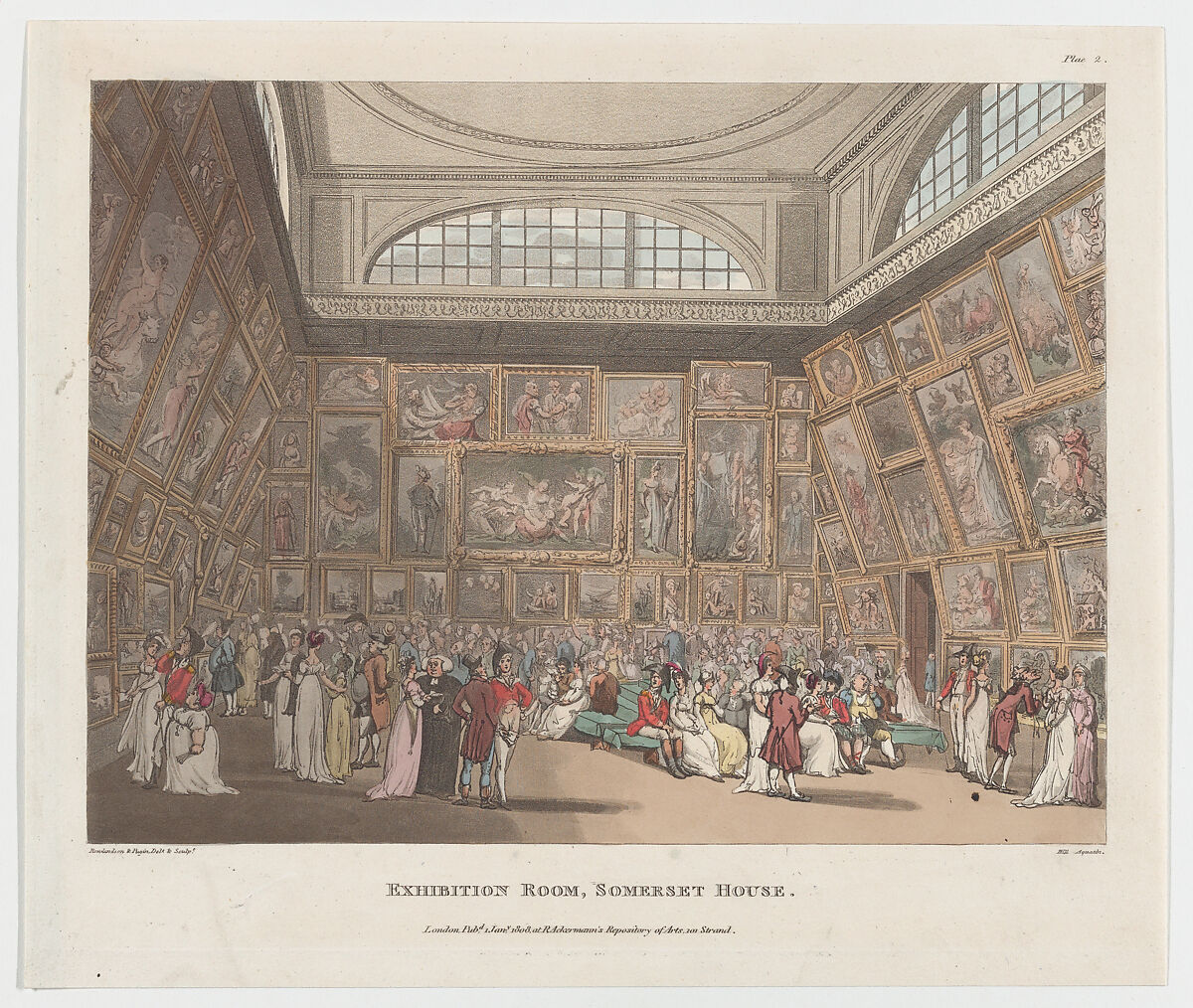 Exhibition Room, Somerset House, Designed and etched by Thomas Rowlandson (British, London 1757–1827 London), Etching and aquatint, hand colored 