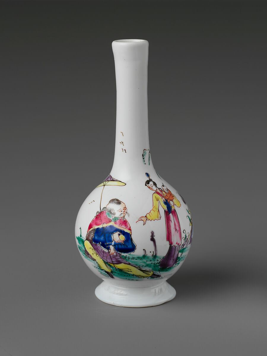 Bottle, Opaque glass with enamel decoration, British 