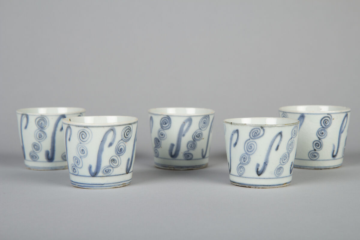 Set of Five Soba Cups (Soba Choko) with Swirl Patterns, Porcelain with cobalt blue under transparent glaze (Hizen ware, Arita type), Japan