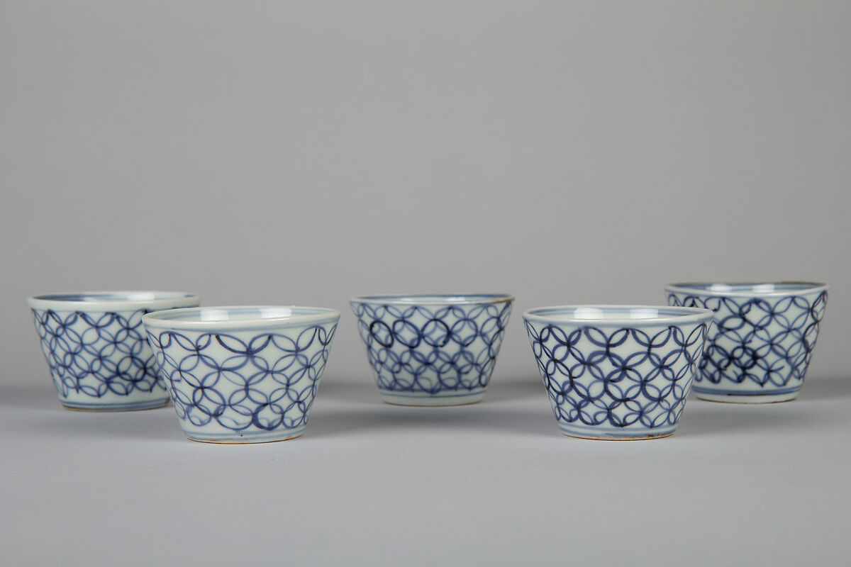 Set of Five Soba Cups (Soba choko) with Interlinked Circles (Shippō), Porcelain with cobalt blue under transparent glaze (Hizen ware, Arita type), Japan