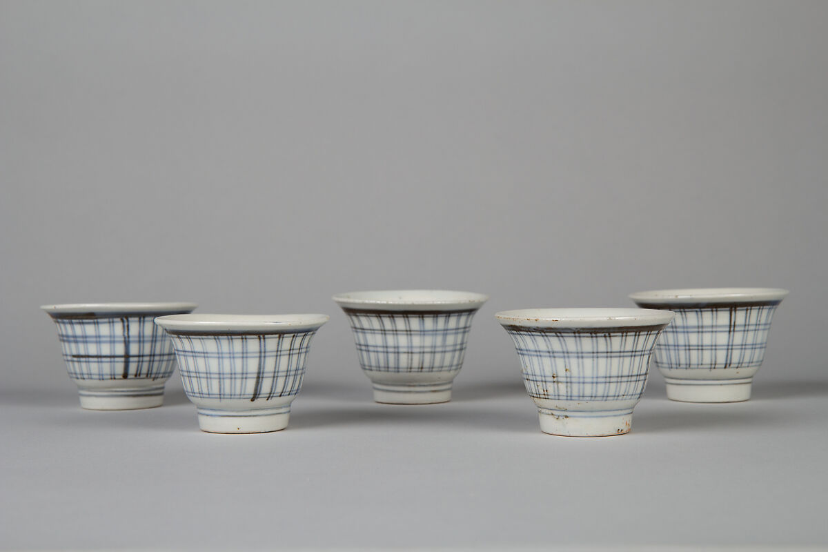 Set of Five Sencha Teacups (Sencha wan) with Lattice Pattern, Porcelain painted with cobalt blue under a transparent glaze (Hizen ware), Japan