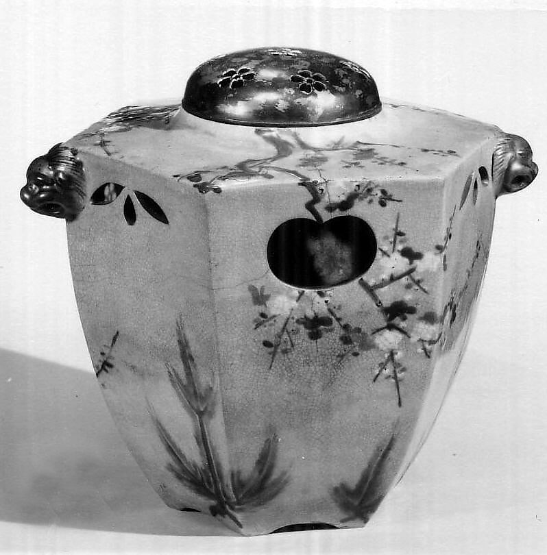 Incense burner, Pottery; design painted in overglaze blue, white, green and gold; separate metal lid Kiyomizu ware), Japan 