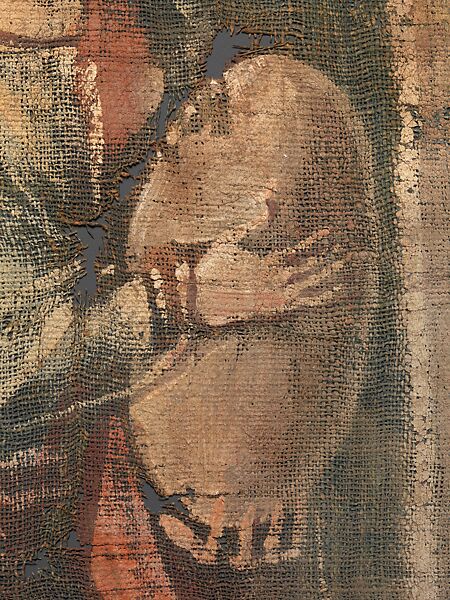 Exodus Painting, five elements from a painted hanging depicting the Crossing of the Red Sea, Indigo dyed open-weave linen, tempera, Byzantine