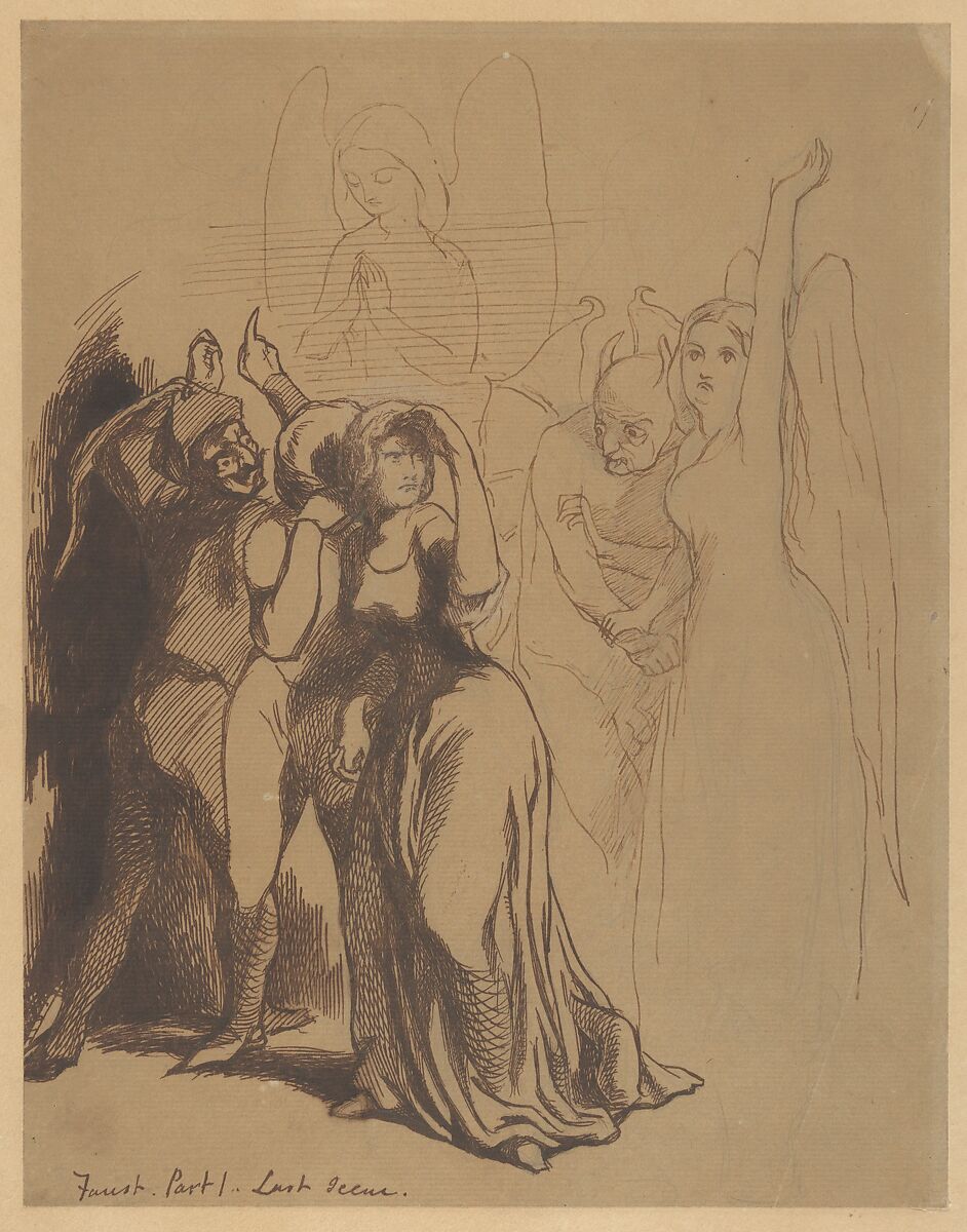 Faust: Part 1. Last Scene, Dante Gabriel Rossetti (British, London 1828–1882 Birchington-on-Sea), Pen and brown ink, brush and brown wash over graphite, on tan paper 