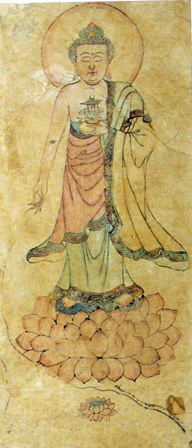Standing Buddha, Polychrome woodblock print; ink and color on paper, China 