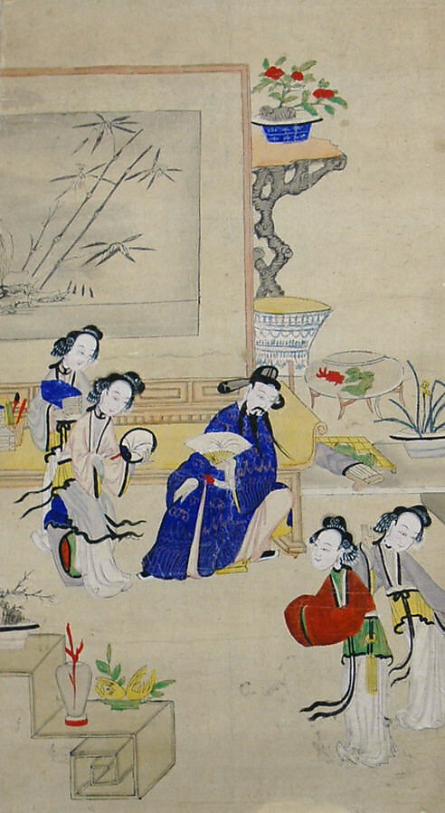 Zhen Linru Meets His Wives, Polychrome woodblock print; ink and color on paper, China 