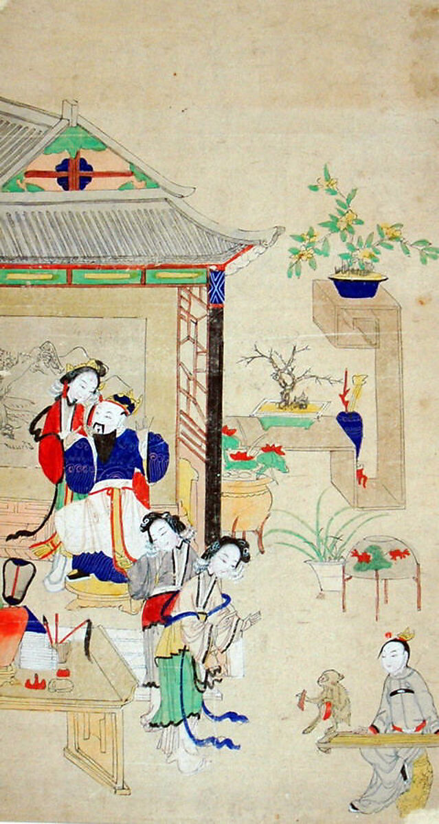 Bo Yi Gao and the White Gibbon Entertain King Zhou, Polychrome woodblock print; ink and color on paper, China 