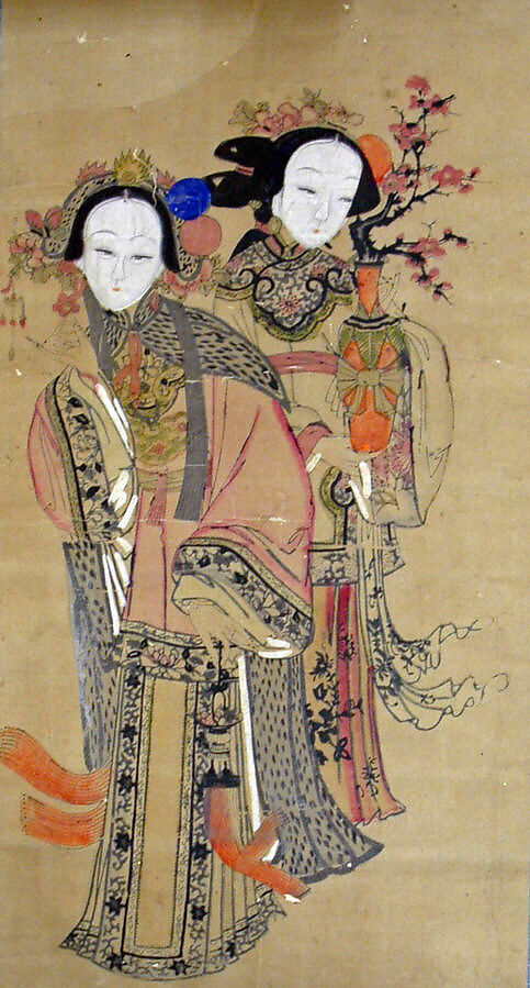 A Lady and Her Maid, Polychrome woodblock print; ink and color on paper, China 