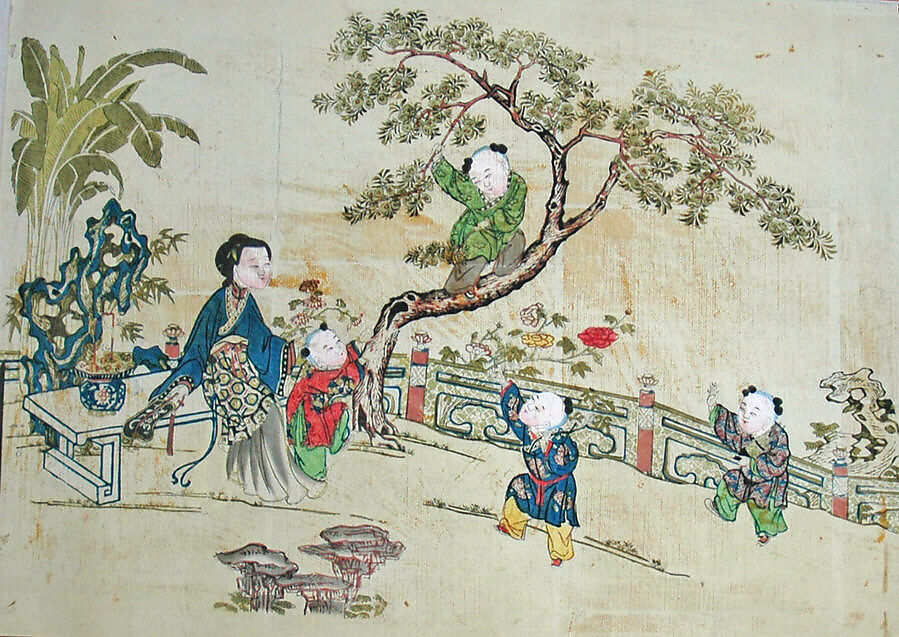 Children at Play in a Garden, Polychrome woodblock print; ink and color on paper, China 