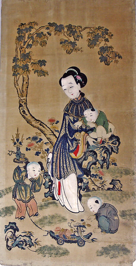 Woman Playing with Three Children, Polychrome woodblock print; ink and color on paper, China 