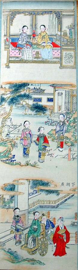 Three Scenes: Two Ladies from the Dream of the Red Chamber, A Very Happy Marriage, Departure for Hu Kwang Province, Polychrome woodblock print; ink and color on paper, China 