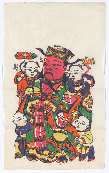 New Year Picture of Door God with Five Children, Unidentified artist(s), Chinese, early 20th century, Polychrome woodblock print; ink and color on paper, China 