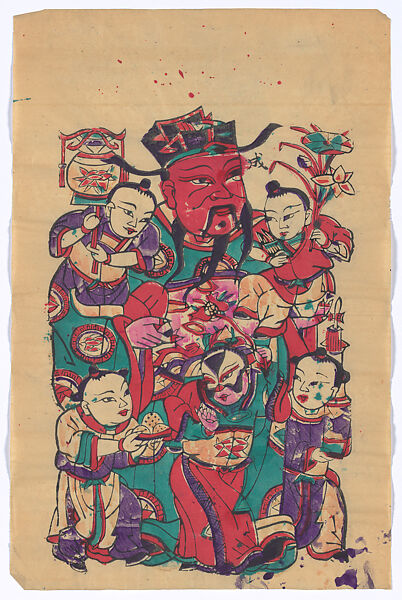 New Year Picture of Door God with Five Children (paired with CP372, left), Unidentified artist(s), Chinese, early 20th century, Polychrome woodblock print; ink and color on paper, China 