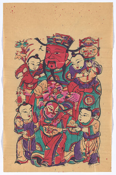 New Year Picture of Door God with Five Children (paired with CP371, right), Unidentified artist(s), Chinese, early 20th century, Polychrome woodblock print; ink and color on paper, China 