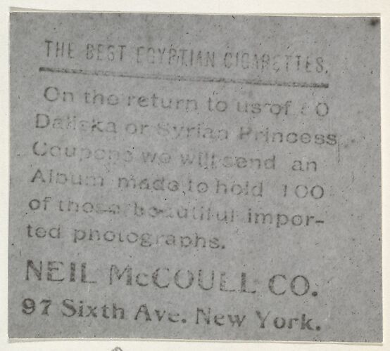 Facsimile of card verso, from the Actresses series (T123, Type 1), issued by Neil McCoull Co.