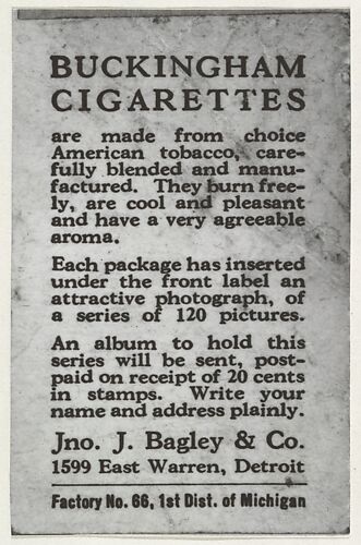 Facsimile of card verso, from the Movie Stars series (T124), issued by John J. Bagley & Co. to promote Buckingham Cigarettes