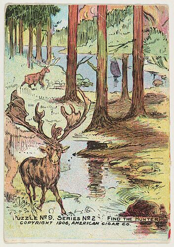 Puzzle No. 9, Series No. 2, Find the Hunter, from the Puzzle Picture Cards series (T127), issued by the American Cigar Co. to promote Royal Bengals Cigars