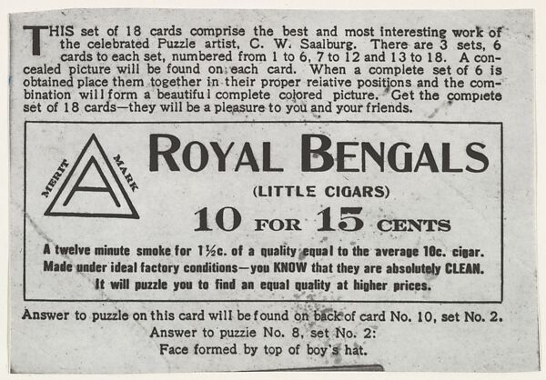 Facsimile of card verso, from the Puzzle Picture Cards series (T127), issued by the American Cigar Co. to promote Royal Bengals Cigars, Issued by the American Cigar Co., Facsimile 