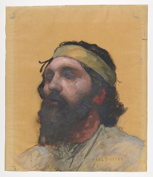 Bust-length Study of the Blind Homer, Paul Buffet (French, Paris 1864–1941 Paris), Colored gouaches over black chalk on thin, yellow oiled paper 